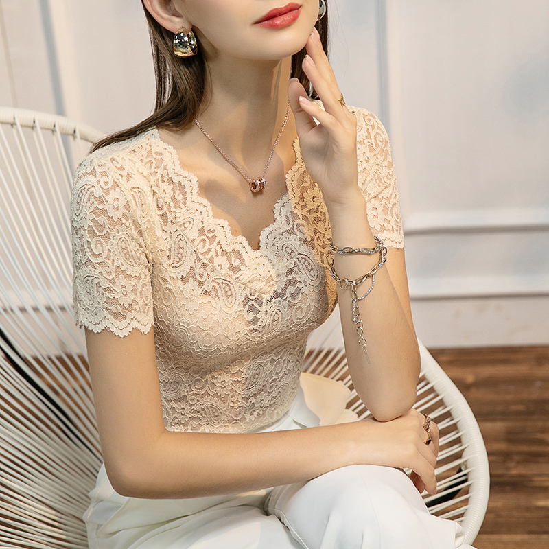2026 Spring Lace Short-Sleeve T-Shirt Base Shirt for Women V-Neck Slim Fit Sexy Hollow Out Stylish Women's Versatile Top
