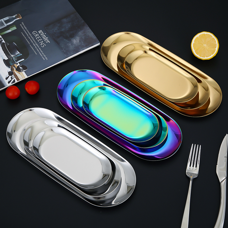 Nordic Style Metal Tray Stainless Steel Oval Tray Creative Restaurant Dessert Pastry Tray Golden Hotel Towel Tray