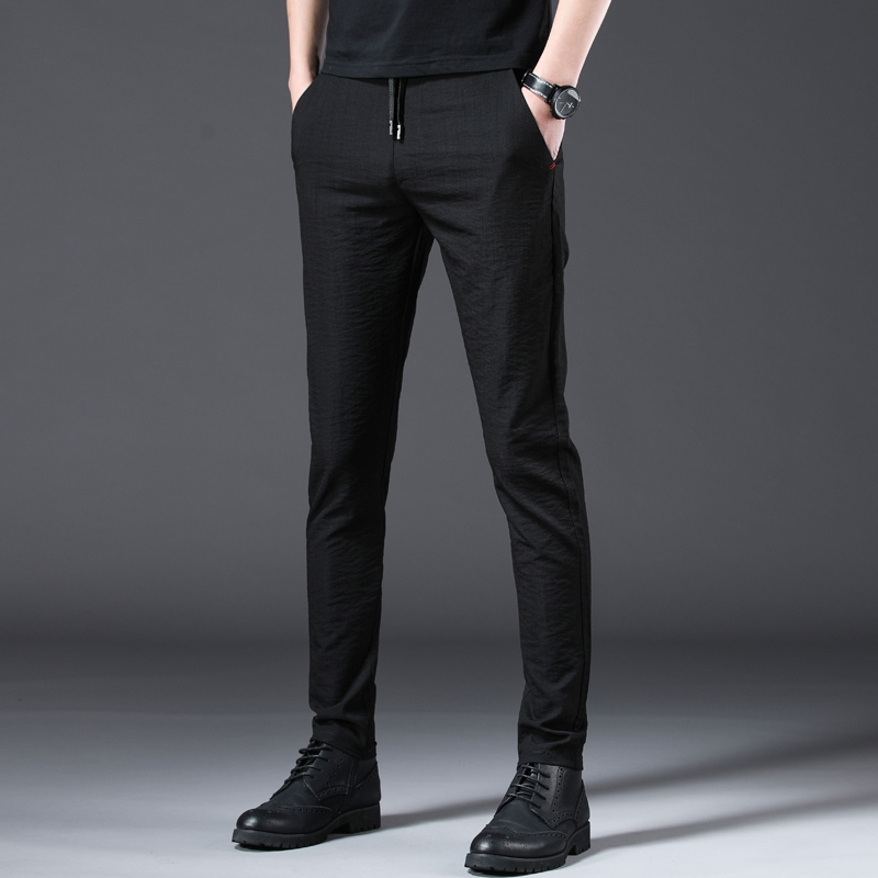 Tide brand ice silk casual pants men's summer thin section slim small feet Korean version trend loose elastic business all-match pants