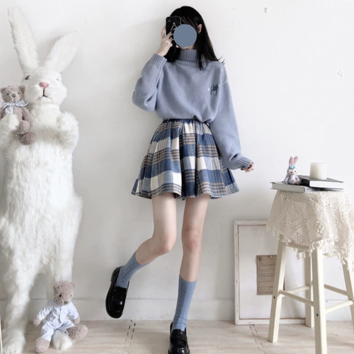 Демисезонное шерстяное пальто, демисезонная японская школьная юбка, шерстяной свитер, комплект, А-силуэт