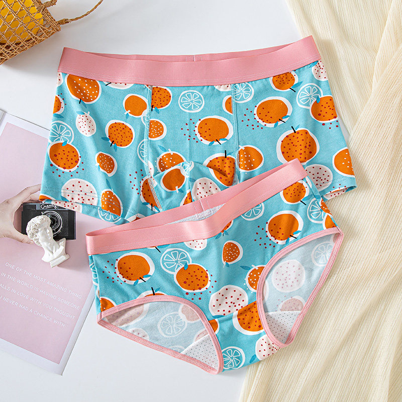 Cute couple's underwear pure cotton crotch cartoon printing men's boxer girls' briefs a pair of sports mid-waist suit