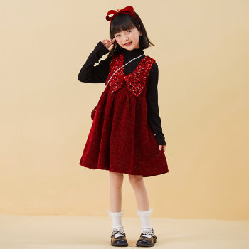 Girls' winter dress gold velvet dress medium and large children's autumn sweater thickened New Year's suit foreign style red skirt