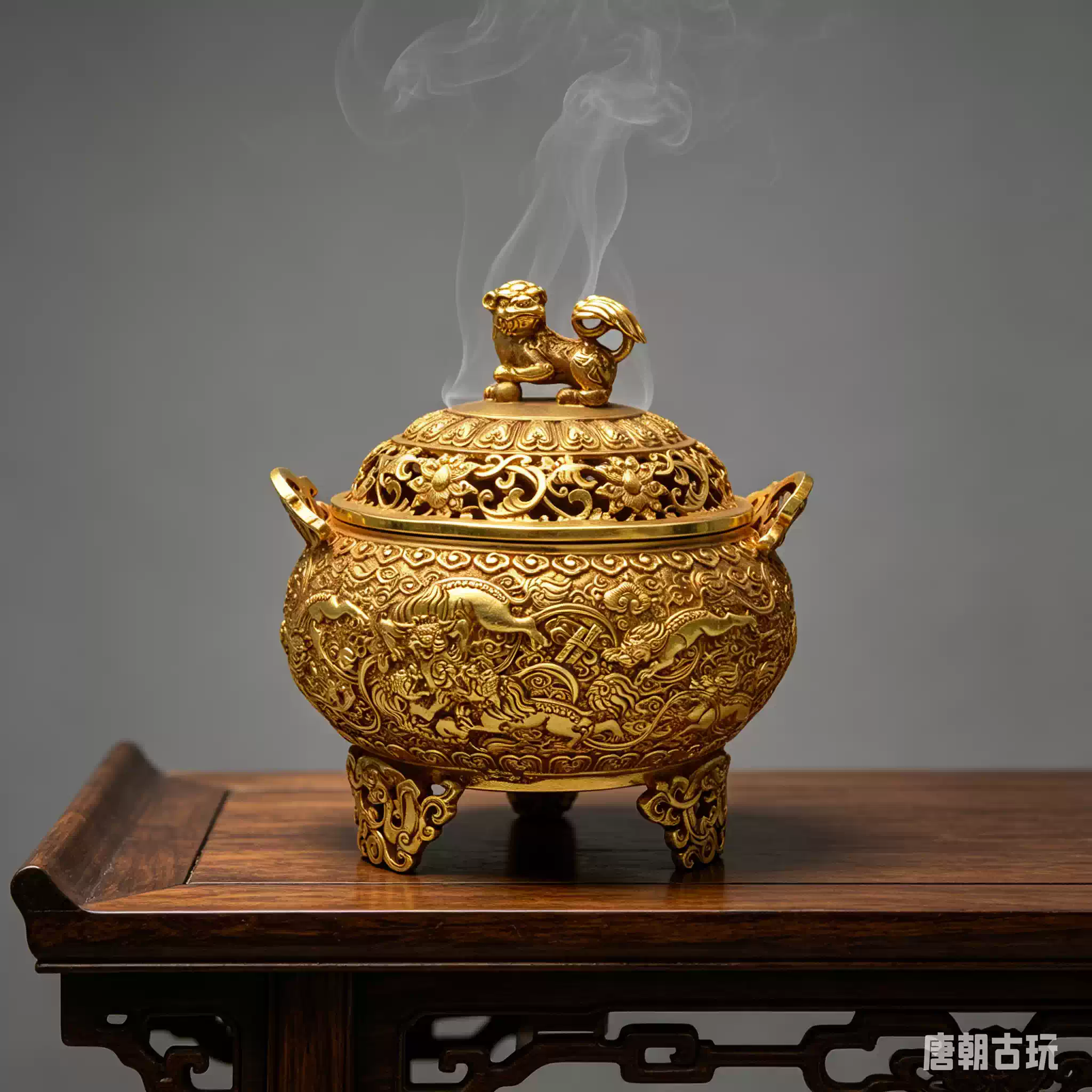 唐代三層五足鳳紋香爐銅胎鎏金手工打製古董香薰爐收藏級精美器皿