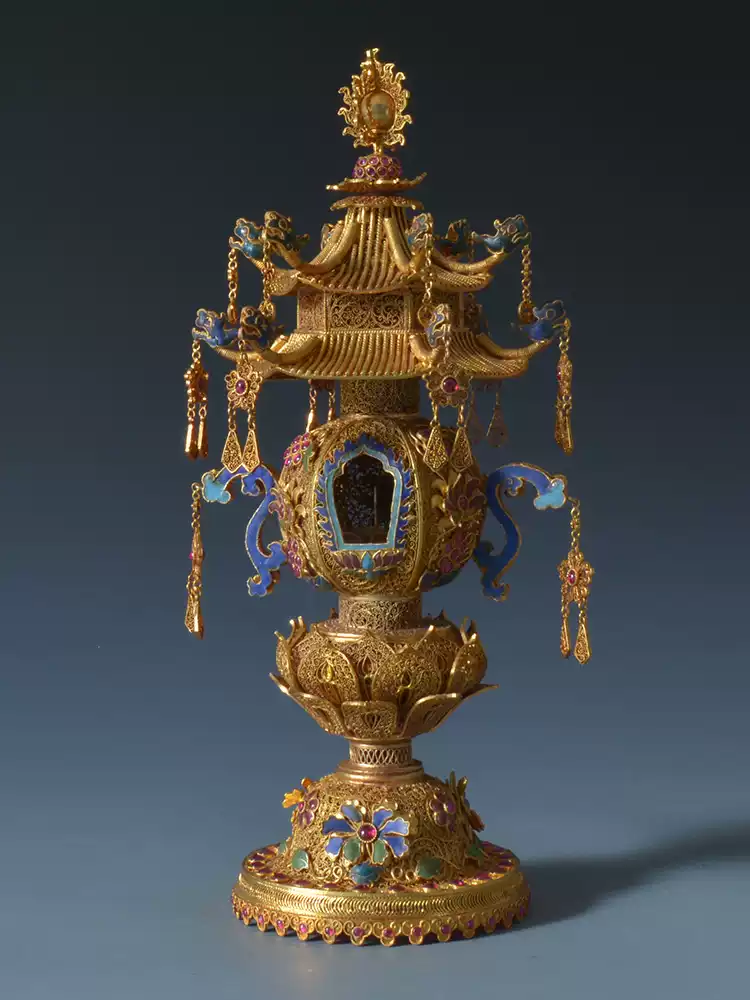 古董古玩收藏器唐代人物花纹鎏金婴戏纹三足瓶仿古金器手工艺品