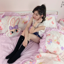 (Send rabbit pillow)Cartoon ins Lilac bunny quilt cover cute four-piece set cotton 1 5m dormitory