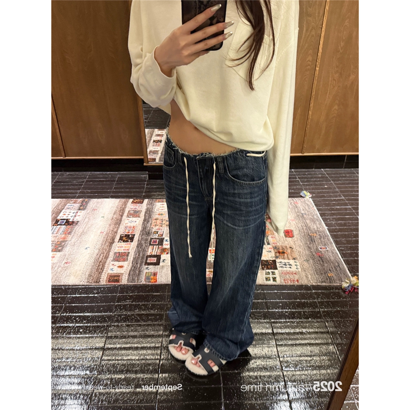 Sun11 Loose Wide-Leg Pleated Faded Lace-Up Frayed Hem Jeans for Women, Autumn Korean Style Low-Waist Casual Pants
