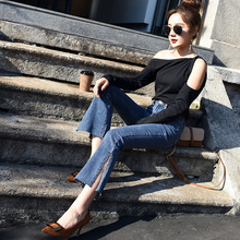 【芳卓萱】微喇牛仔裤女高腰开叉 