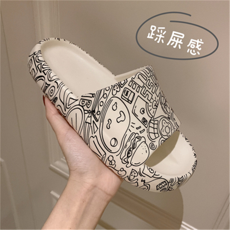 Line Graffiti & Off WhiteFeeling of stepping on shit Thick bottom slipper female summer Wear out lovers ins tide personality fashion indoor take a shower non-slip Sandals male