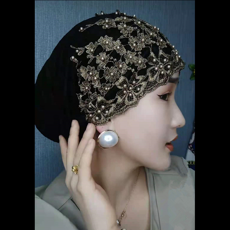 Muslim Scarf Hat, New Spring, Autumn, and Summer Style, Fashionable Beaded Headscarf Hat, Lace Turban Hat, Hair-Covering Hat for Women Muslim Scarf Hat, New Spring, Autumn, and Summer Style, Fashionable Beaded Headscarf Hat, Lace Turban Hat, Hair-Covering Hat for Women