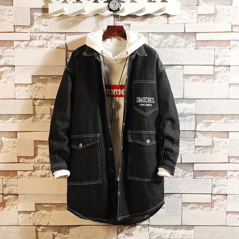 hợp thời trang Nhật Bản denim jacket nam trùm đầu đội mũ trùm đầu áo gió đường phố nước hip-hop hip-hop quốc hip-hop áo khoác làm việc đẹp trai trong chiếc áo khoác dài.