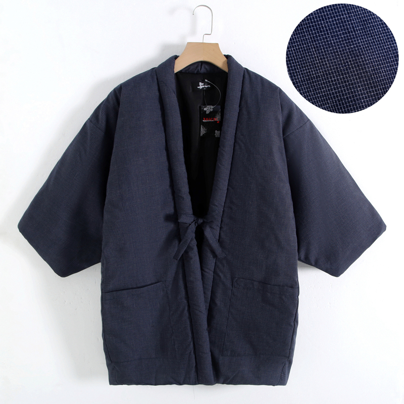 Japanese-Style Autumn and Winter Striped Kimono Jacket with Cotton Padding, Warm Thickened Home Wear Work Shirt Top