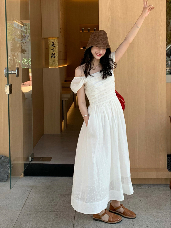 French-Style White Pleated Ramie Dress, Long White Dress, Sweet Waist-Cinching, Slimming, Elegant Embroidered Long Dress for Summer