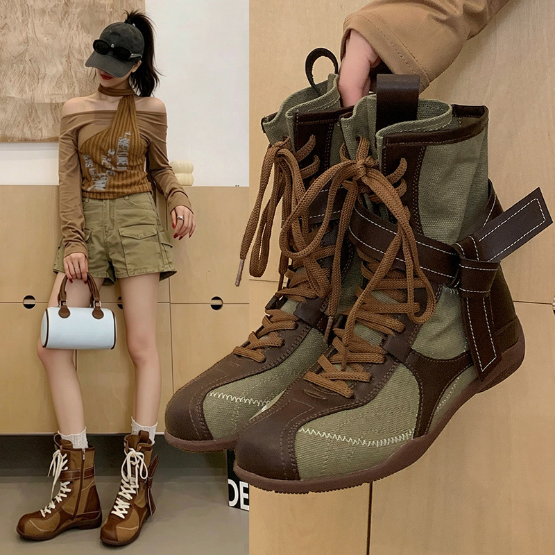 Retro Style High-Top Boots for Women 2026 Autum New Style Brown Flats-Soled Inner Height-Increasing Versatile Casual Lace-Up Short Boots