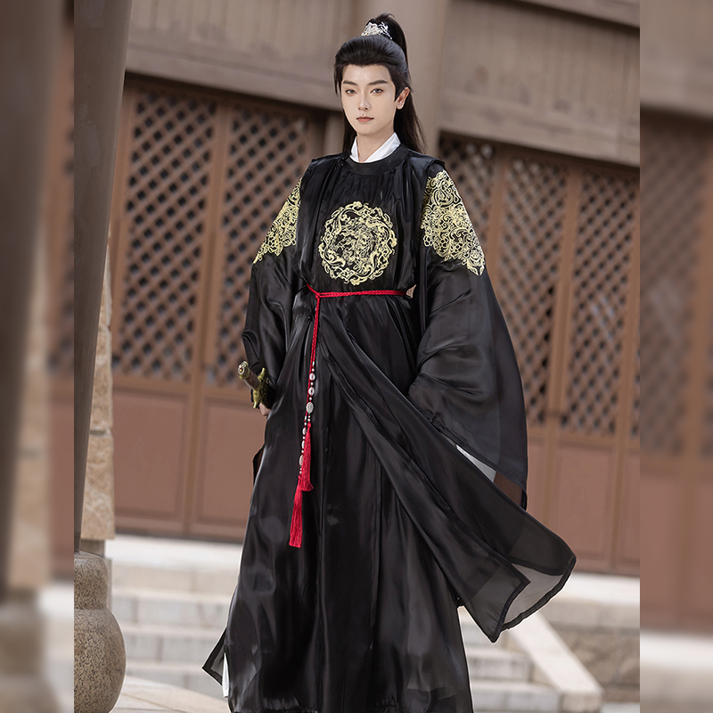 Yunshuji【Mofeng】Autumn New Collection Black Embroidered Ancient Style Fairy-Like Elegant Suit Tang-Style Round-Neck Robe for Men and Women