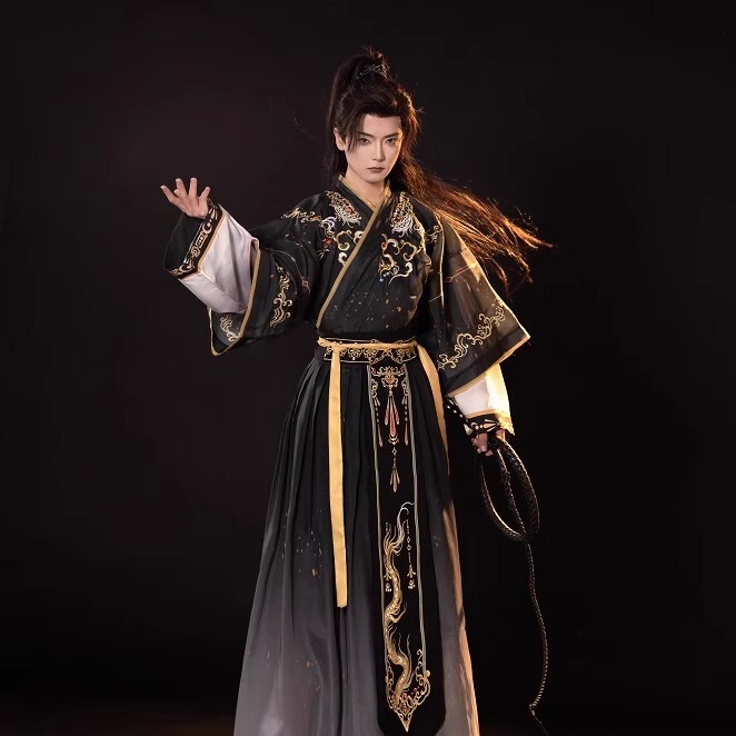 Yunshuji【Aolong】Xinghan Hanfu Unisex Jin-Style Printed and Dyed Set Embroidered Ancient Style Student Black Spring/Summer