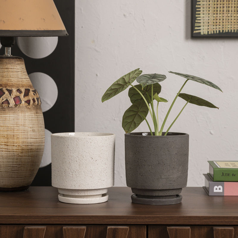 Ceramic Straight ins Style Dark Gray & White Earthenware Small Flower Pot with Holes Green Plant Table Placement Indoor and Outdoor Flower Utensils