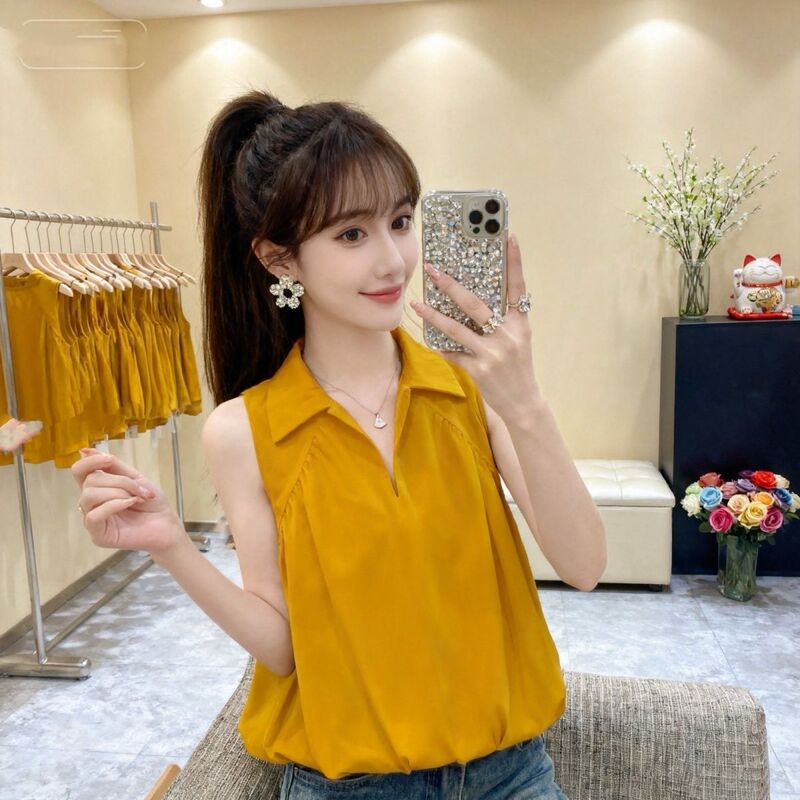 Versatile and Fashionable Summer French-Style Vest with a Turn-Down Collar, New Yellow Shirt, Slimming Sleeveless Top