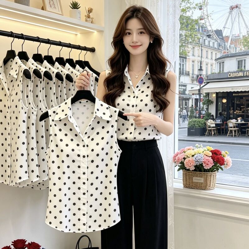 Polo Collar Sleeveless Chiffon Shirt for Women, Summer Turn-Down Collar, Stylish Loose Shirt with Unique Design, Niche Polka Dot Shirt Top Polo Collar Sleeveless Chiffon Shirt for Women, Summer Turn-Down Collar, Stylish Loose Shirt with Unique Design, Niche Polka Dot Shirt Top