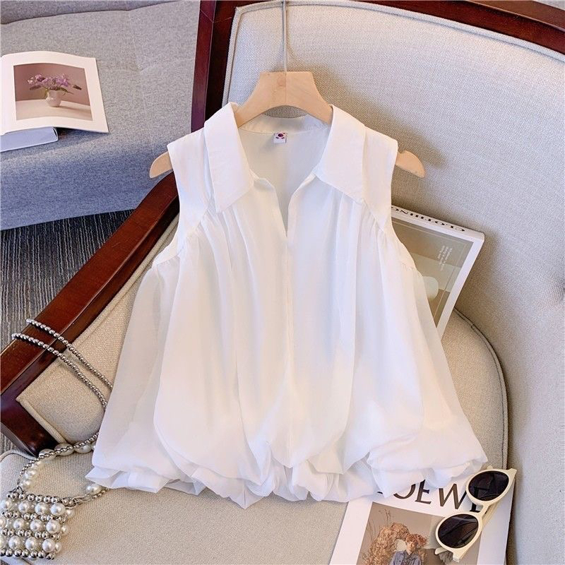 Summer French-Style Design White Shirt with a Turn-Down Collar for Women, Worn Outside to Cover the Belly, Slimming, Off-Shoulder, Sleeveless Top Summer French-Style Design White Shirt with a Turn-Down Collar for Women, Worn Outside to Cover the Belly, Slimming, Off-Shoulder, Sleeveless Top