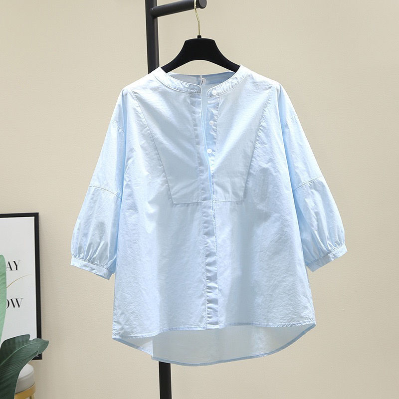 Fresh and Artistic Light Blue Cotton Shirt for Women, 2025 Spring and Autumn, Round Neck, Lantern Sleeves, Loose Fit, Versatile Top Fresh and Artistic Light Blue Cotton Shirt for Women, 2025 Spring and Autumn, Round Neck, Lantern Sleeves, Loose Fit, Versatile Top