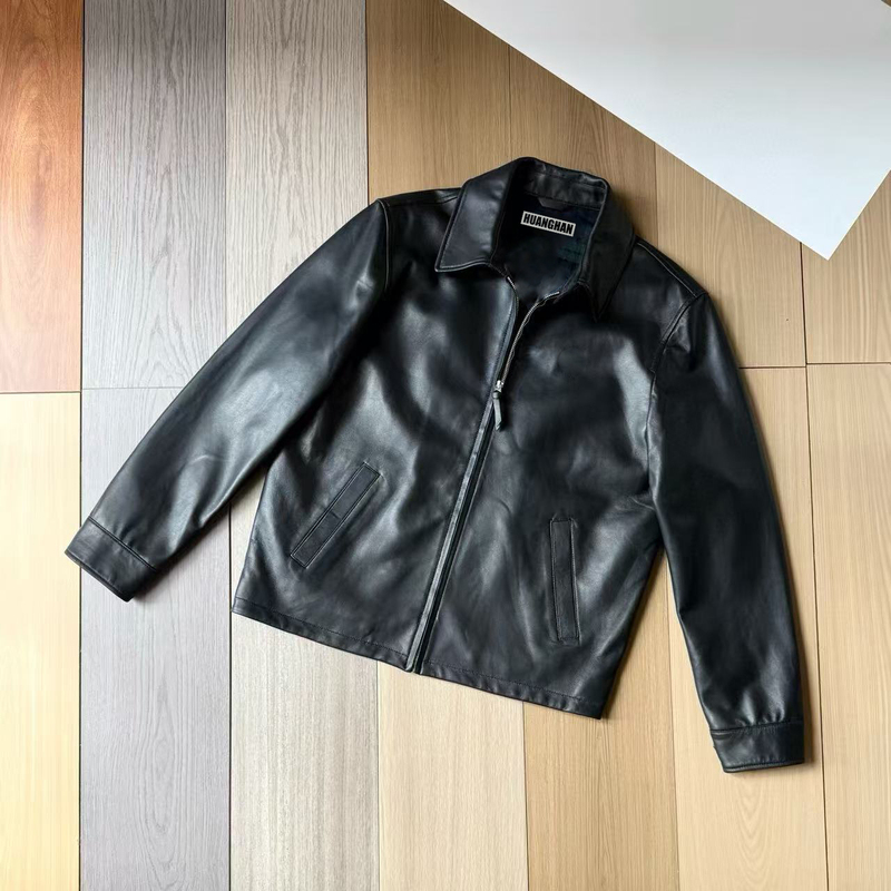 Men's Genuine Sheepskin Leather Jacket with Diagonal Pockets and Zipper, High-End Layered Leather Jacket, Thin Jacket for Dad