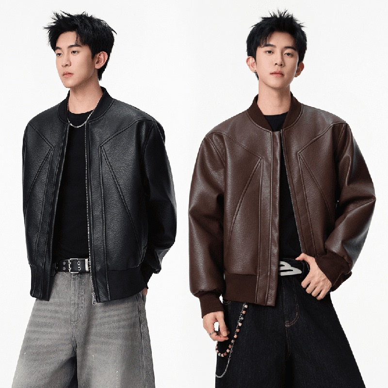 K•Weh Design Men's Windproof, Wrinkle-Free, Loose-Fitting American-Style Jacket, Autumn Baseball Collar Leather Jacket, Couple's Outerwear K•Weh Design Men's Windproof, Wrinkle-Free, Loose-Fitting American-Style Jacket, Autumn Baseball Collar Leather Jacket, Couple's Outerwear