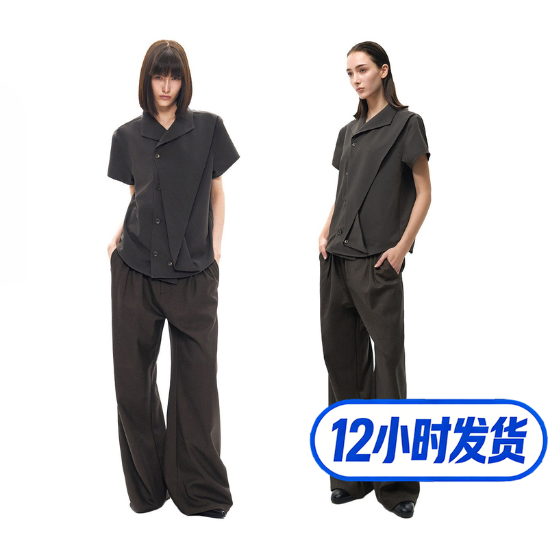 Slight Vogue丨Charcoal Gray-Brown Deconstructed Pleated Flip-Sleeve Short-Sleeve Shirt with Multi-Form 3D Tailoring