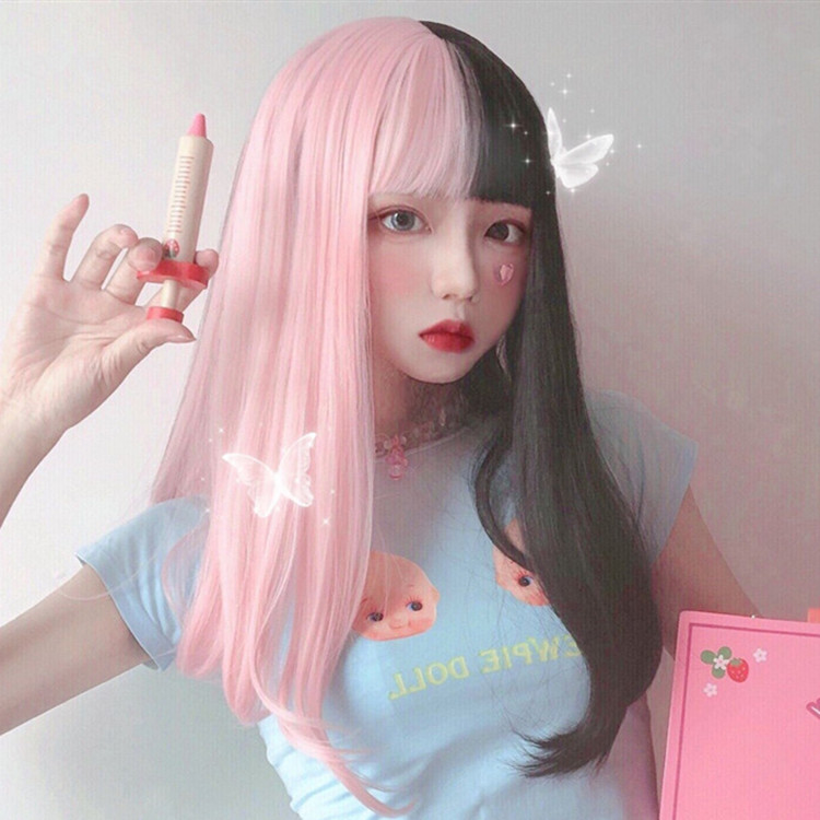 Black Powder Double Collage of Yin and Yang Wig Woman Long Straight Hair Round Face Softgirl Day Ensemble Lolita Net Red and America New-style wig