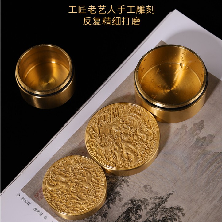 Copper Inkwell for Calligraphy, Brass Inkstone, Brass Ruler, Sealed and Leak-Proof with Lid, Portable, Non-Drying Brush, Calligraphy Supplies, Ink, Inkstone, Ink Dish, Ink Tray