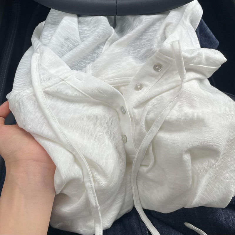 Maternity Wear Summer Thin White Lyocell Linen Hooded Drawstring Pullover Sun Protection Long-Sleeved Blouse T-Shirt Top