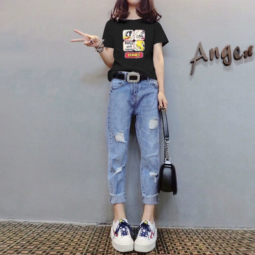 Весенняя летняя хлопковая футболка, штаны, джинсы, комплект, европейский стиль