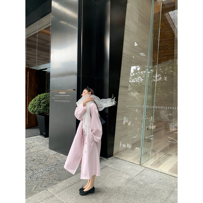 70 Is Not Seventy, Korean Style Heroine, Early Autumn Pink Single-Breasted Long Trench Coat for Women, High-End Elegant Coat 70 Is Not Seventy, Korean Style Heroine, Early Autumn Pink Single-Breasted Long Trench Coat for Women, High-End Elegant Coat