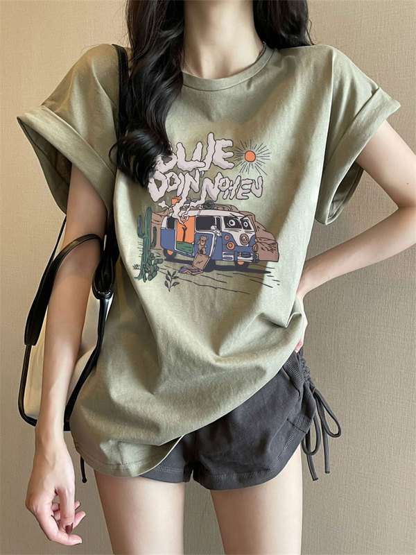 The New Popular Summer Korean Women's Green Short-Sleeved T-Shirt Made of Pure Cotton Is Being Withdrawn from the Store