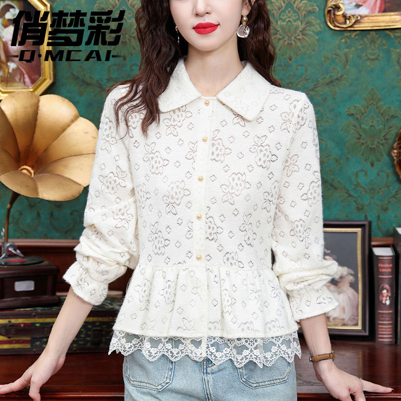 Designed Lace Long-Sleeved Shirt for Women 2026 Spring and Autumn New French Chic Shirt, Particularly Beautiful Waist-Cinching Top