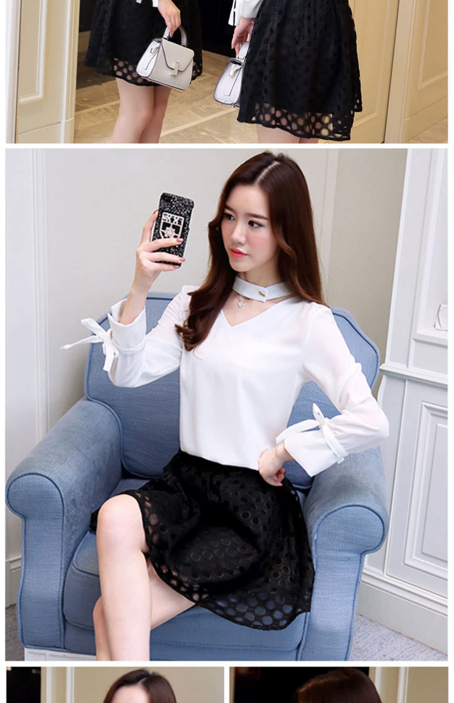 Áo voan nữ tay dài tay xuân hè 2019 mới che bụng khoét cổ chữ V treo cổ đa năng nước ngoài áo voan kiểu