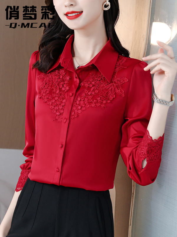 2026 Spring New Red Zodiac Year Fashion Lace Long Sleeve Shirt for Women Trendy Silk Texture Top