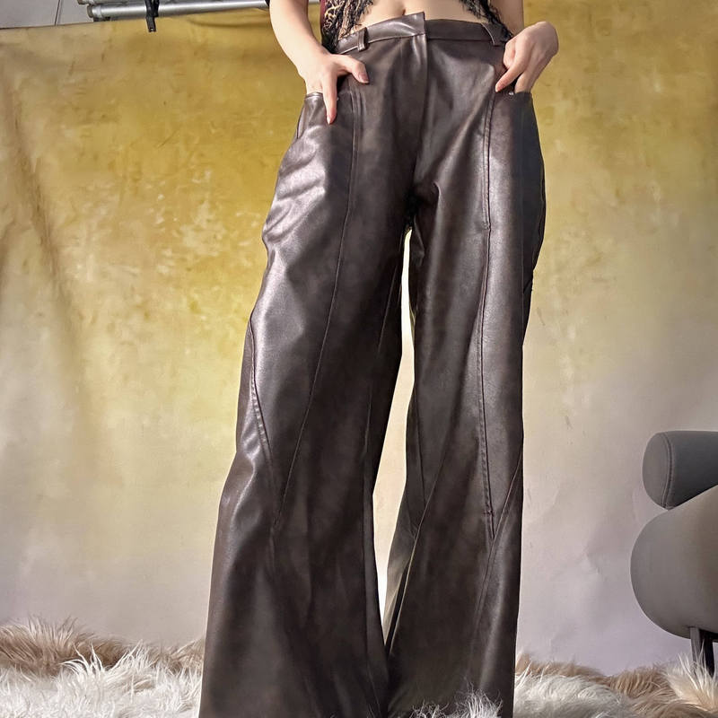 American Retro Floral Brown Pu Leather Durable Waterproof Versatile Low-Waist Leather Pants Wide-Leg Casual Pants High Street Loose Slimming American Retro Floral Brown Pu Leather Durable Waterproof Versatile Low-Waist Leather Pants Wide-Leg Casual Pants High Street Loose Slimming