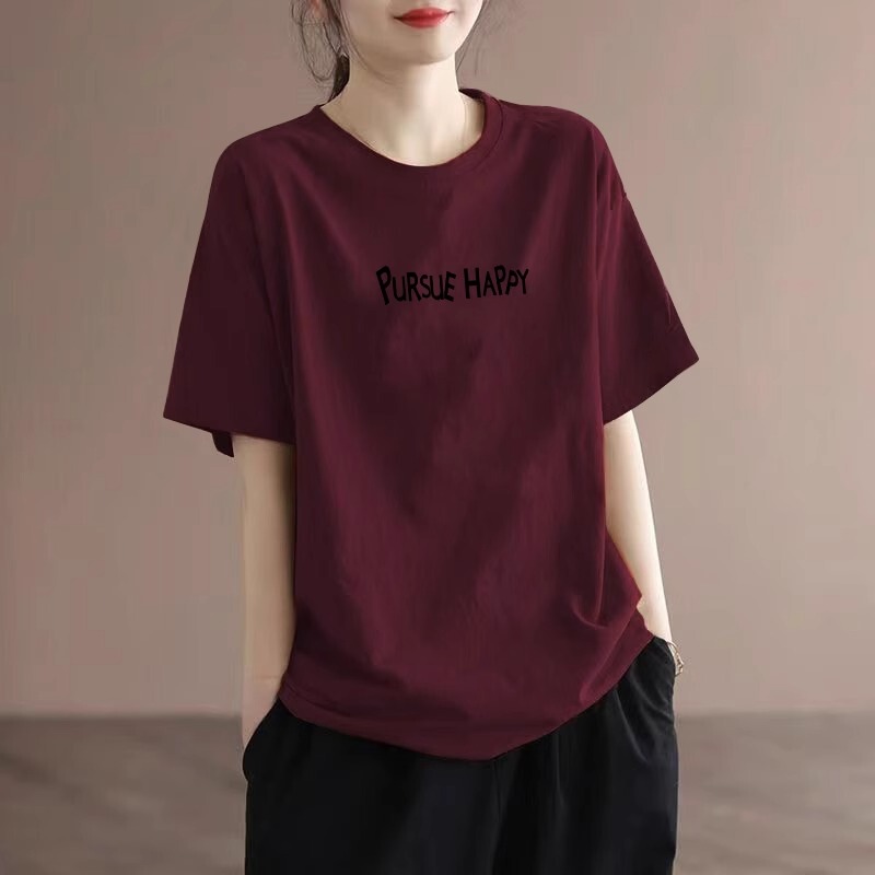 Burgundy Pure Cotton Short-Sleeve T-Shirt for Women, 2026 Summer New Style, Loose Fit, Plus Size, Slimming Top for Chubby Girls Burgundy Pure Cotton Short-Sleeve T-Shirt for Women, 2026 Summer New Style, Loose Fit, Plus Size, Slimming Top for Chubby Girls