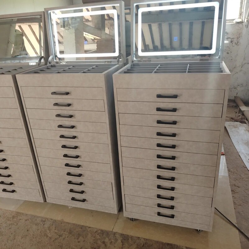 New Recommended Gray Leather Eyewear Display Cabinet with Multi-Layer Drawers, Optical Sunglasses Display Stand with Lock and Lighting