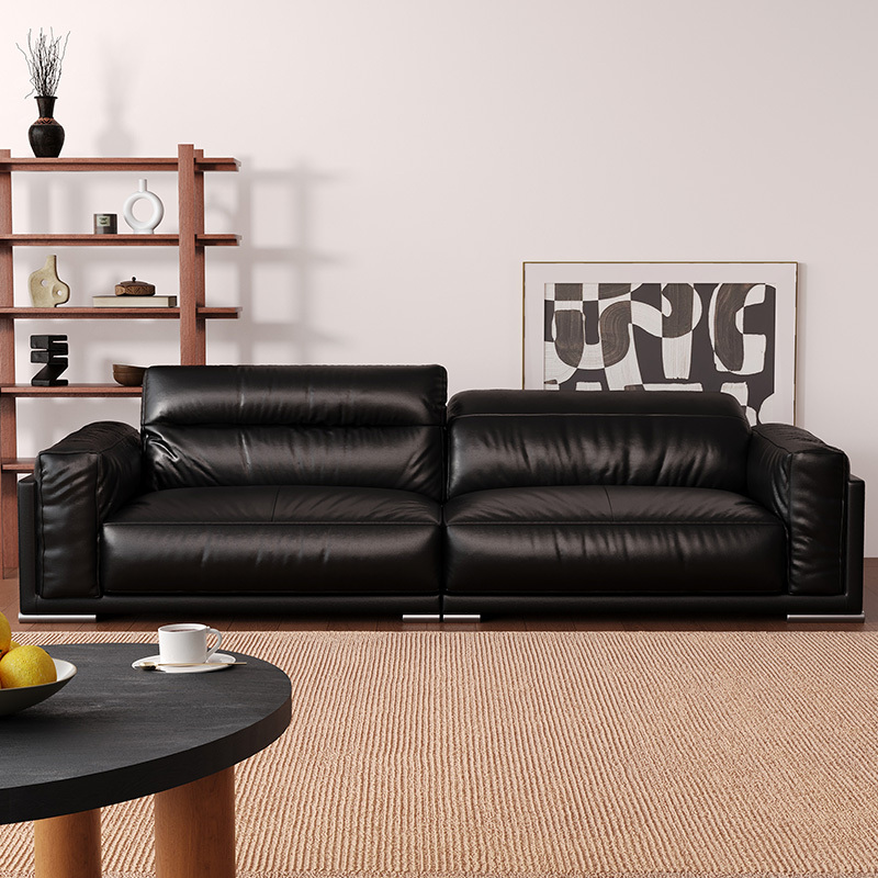 Obsidian Black Top-Grain Leather Sofa, Bauhaus French Vintage Black Waxed Genuine Leather, Straight-Line Vintage Living Room Obsidian Black Top-Grain Leather Sofa, Bauhaus French Vintage Black Waxed Genuine Leather, Straight-Line Vintage Living Room