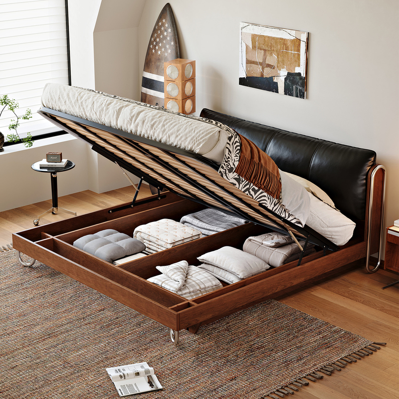 French-Style Vintage Shadow Bed with High Box Storage, Upholstered Bed, Mid-Century Style Bedroom, 2026 New Model, Double Bed