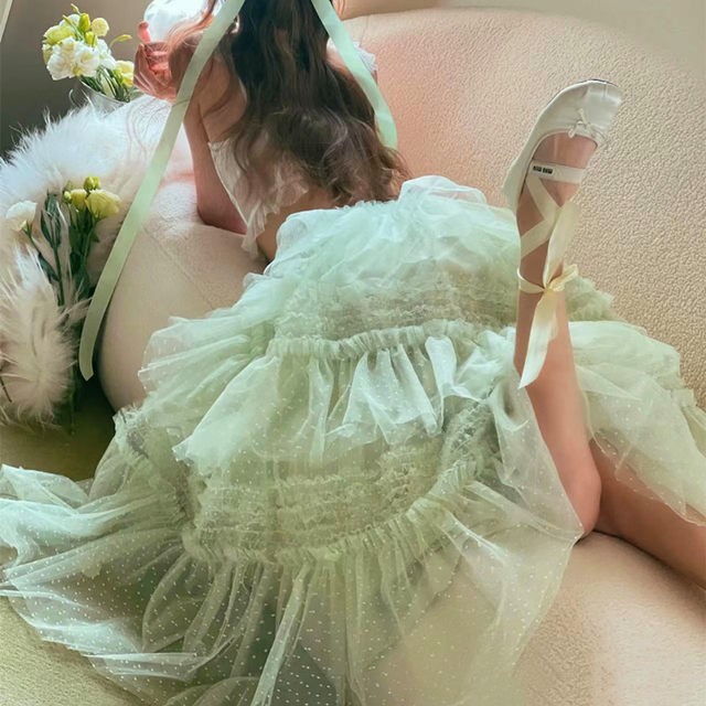 Autumn and winter new polka dot ruffle cake skirt fairy skirt mint green mesh skirt multi-layer wide hem skirt