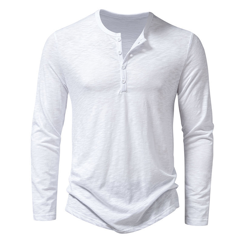 Thin Men's Bamboo Cotton Henley Collar Long-Sleeve T-Shirt, Loose, Fashionable, Simple, Four-Button Solid Color Base Shirt for Young Men