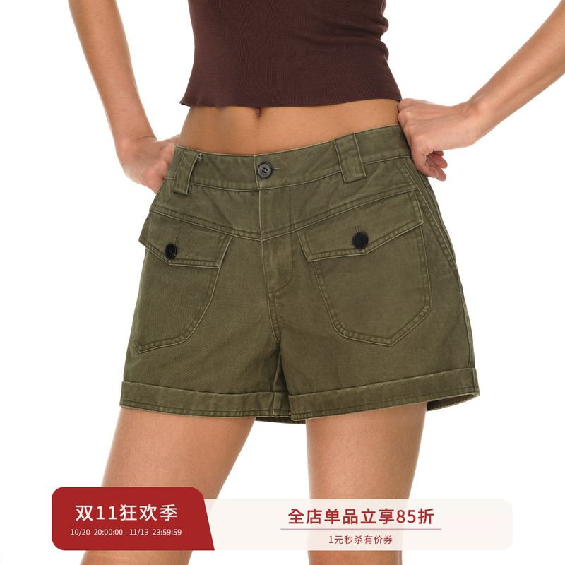 Smiiile Army Green Pure Cotton Soft Vintage Distressed Work Shorts for Women, Mid-Waist, Summer Slimming and Straight-Leg Casual Pants