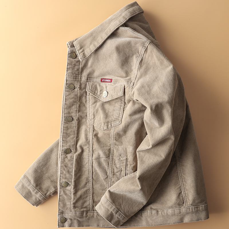 2024 New Spring Corduroy Jacket for Young Men, Workwear Top, Spring and Autumn Striped Velvet Fleece-Lined Corduroy Jacket