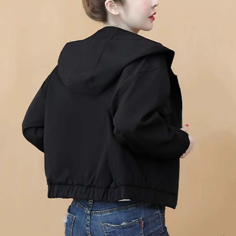 Black Trench Coat Jacket for Women, Short Style, 2026 Spring and Autumn New Fashion, Loose Fit, Age-Reducing, Hooded Jacket, Baseball Jacket