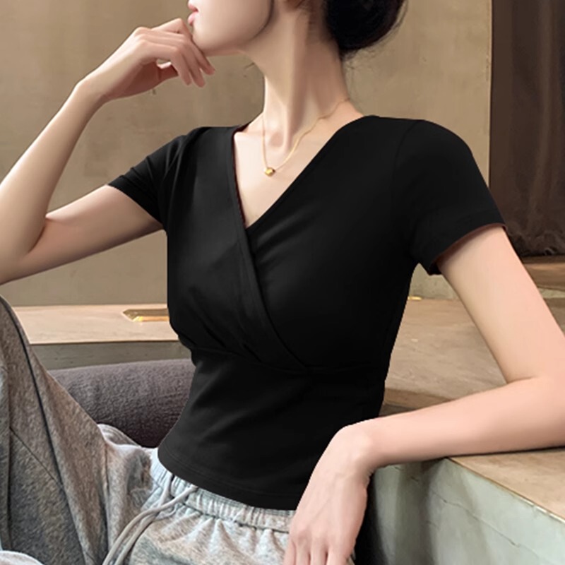 Cross V-Neck Black Short-Sleeved T-Shirt for Women 2026 Summer New Style Revealing Collarbone Pure Cotton Inner Layering Shirt Short Top