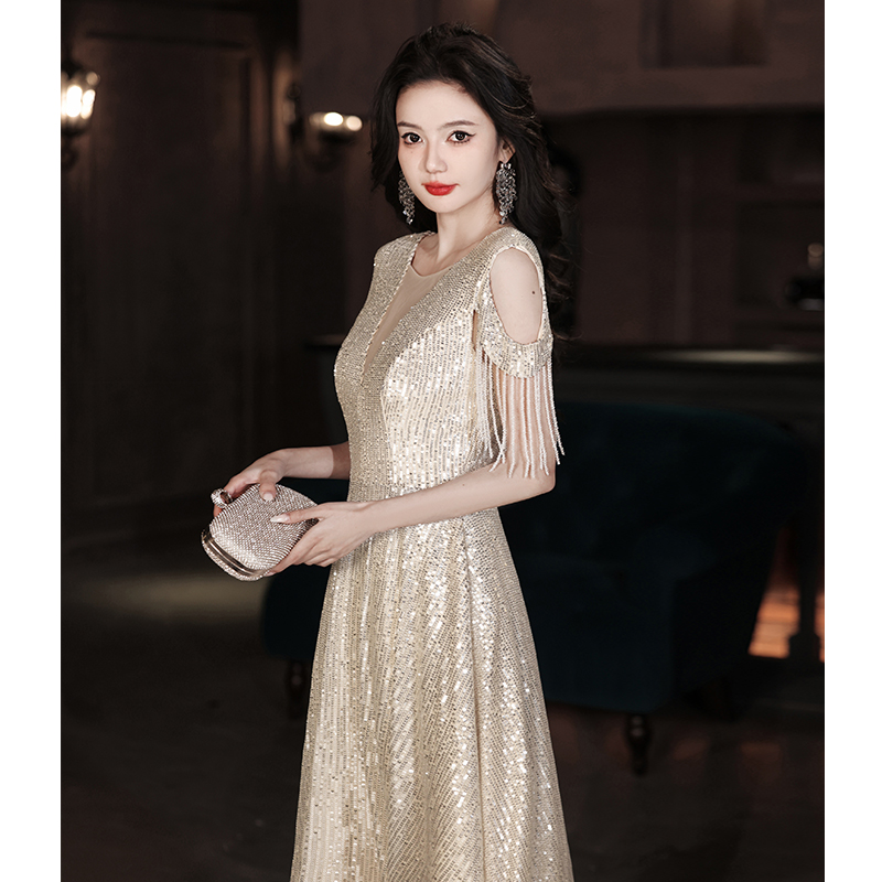 Nail sequins, high advanced evening dress, elite design piano, long skirt, champagne color, high-quality style, light luxury style, trend of season Nail sequins, high advanced evening dress, elite design piano, long skirt, champagne color, high-quality style, light luxury style, trend of season