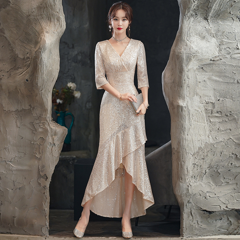 Nail sequins, advanced evening dress for mother, skirt, champagne color, high-quality style, light luxury style, fish tail, suitable for teen Nail sequins, advanced evening dress for mother, skirt, champagne color, high-quality style, light luxury style, fish tail, suitable for teen