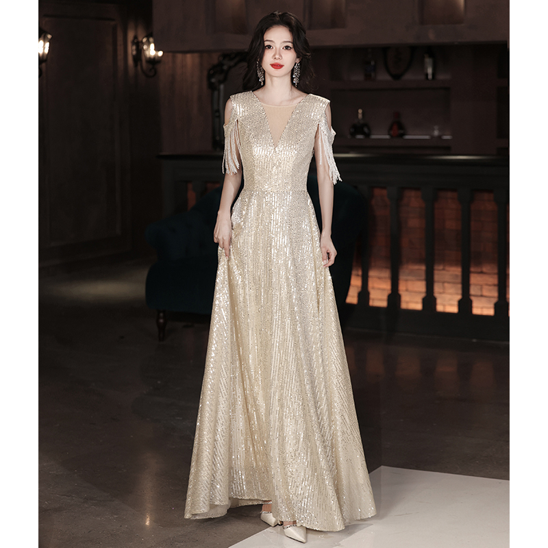 Nail sequins, high advanced evening dress, elite design piano, long skirt, champagne color, high-quality style, light luxury style, trend of season Nail sequins, high advanced evening dress, elite design piano, long skirt, champagne color, high-quality style, light luxury style, trend of season